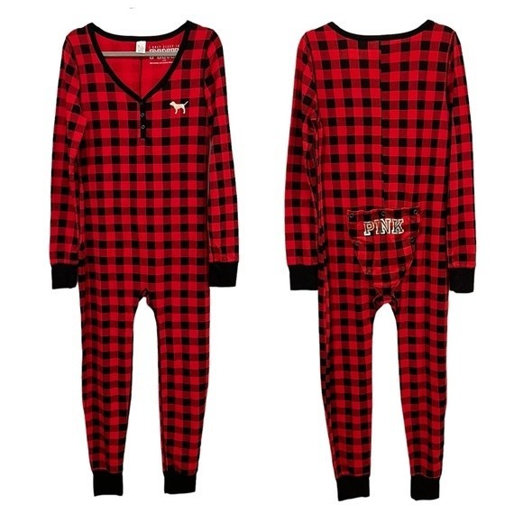 Pink Victoria’s Secret Buffalo Check Christmas Onesie Size Large Brand New NWOT